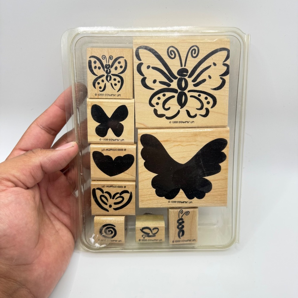 Vintage 1999 Stampin Up Flutterby Wood Mounted Rubber Stamp Set Butterfly 9pc
